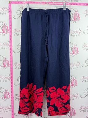 Jantzen pants tiki hibiscus 🌺 Navy Wide-Leg Pants with Red Floral Hem Hawaii